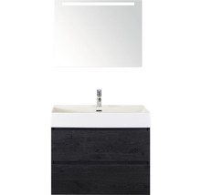 Badmöbel-Set Sanox Maxx XL BxHxT 81 x 183 x 45,5 cm Frontfarbe black oak mit Waschtisch Keramik weiß und Keramik-Waschtisch Spiegel mit LED-Beleuchtung Waschtischunterschrank