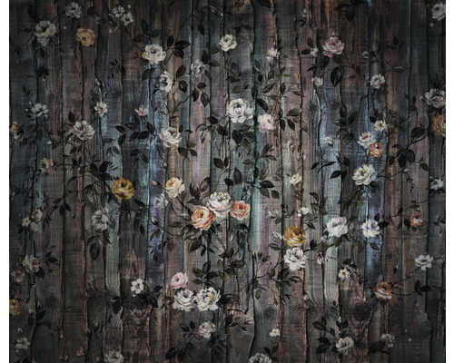 Papier peint panoramique intissé IF3-035 Grande Giardino 3 pces 300 x 250 cm Papier peint à motif de roses sur fond de bois