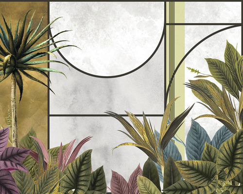 Papier peint panoramique intissé IF4-057 Infinity 2 Timeless Temple 4 pces 400 x 250 cm Image murale décorative avec des motifs végétaux et des formes géométriques pour un aménagement intérieur élégant.