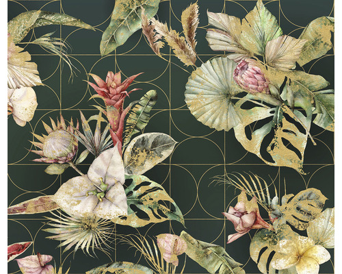 Papier peint panoramique intissé IF4-066 Infinity 2 Golden Growth 4 pces 400 x 250 cm Papier peint avec des fleurs et des feuilles tropicales sur un fond géométrique