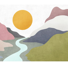 Illustration einer Landschaft mit Fluss und Sonne