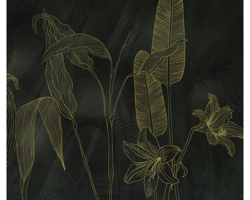 Papier peint panoramique intissé IF4-089 Infinity 2 Darkest Green 4 pces 400 x 250 cm Décor avec motif floral ligné et fond sombre