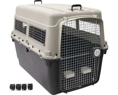Cage de transport pour chien en plastique avec porte à barreaux en métal et roulettes
