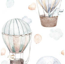 Illustration von Heißluftballons, Luftschlangen, Wolken, Krokodil und Hase