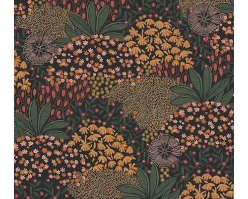 Papier peint intissé 38740-3 Nara fleurs noir orange Papier peint avec motif floral et feuilles