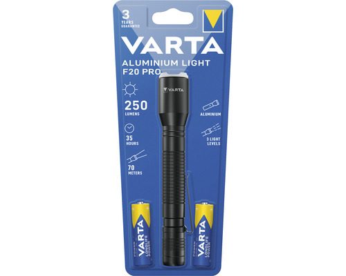 Varta aluminium Light F20 Pro lampe de poche 250 lm portée 70m durée d'éclairage 35h avec piles LxØ 164x26 mm