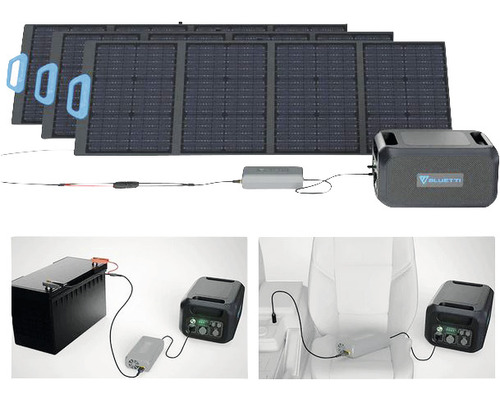 Bluetti Solarmodul mit Powerstation und verschiedenen Anschlüssen zur Stromversorgung