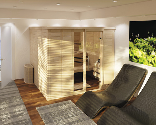 Sauna en madriers Roro ABN K402117 sans poêle avec couronne de toit et avec porte entièrement vitrée transparente