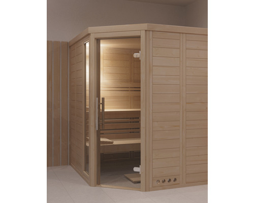 Sauna en mardriers Roro ABN K402121 angle sans poêle avec couronne de toit et avec porte entièrement vitrée transparente