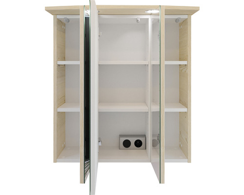 Armoire de toilette ouverte en bois avec étagères en verre