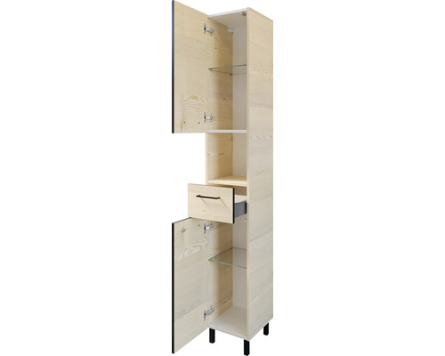 Armoire haute en bois avec tiroir et étagères en verre