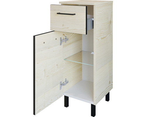 Meuble sous-lavabo avec tiroir, porte et étagère en verre