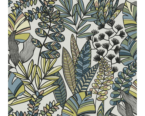 Papier peint intissé 39095-1 Antigua feuilles Rétro blanc bleu Papier peint à motif végétal