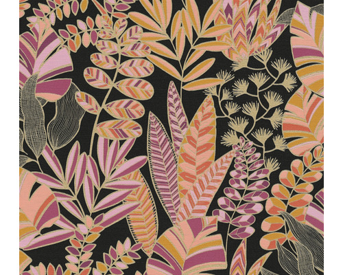 Vliestapete 39095-3 Antigua Blätter Retro schwarz-pink Tropisches Blätter Tapetenmuster mit Pflanzenmotiven.