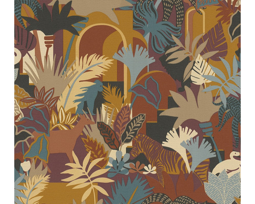Papier peint intissé 39096-1 Antigua feuilles de la jungle orange Papier peint avec motif de jungle, représentant des animaux et des plantes
