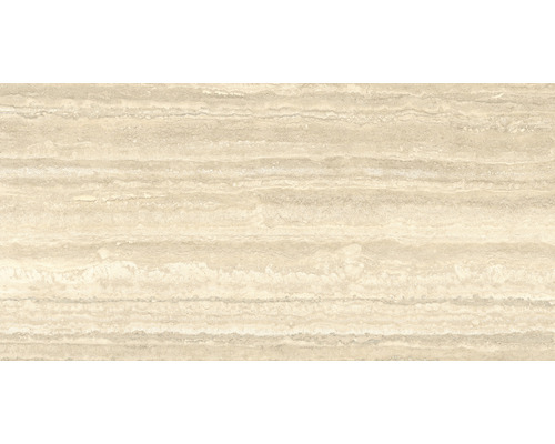 Beige Travertin Fliese mit horizontaler Maserung.