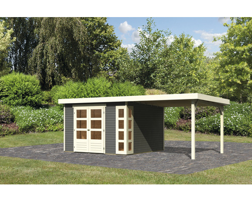 Gartenhaus Karibu Naomi 6 inkl. Anbau 2,4 m 558 x 331 cm grau Gartenhaus mit Carport vor Gartenlandschaft