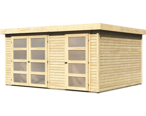 Holzgartenhaus mit Fenstern in den Türen.