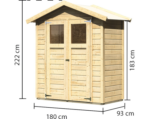 Gartengerätehaus aus Holz mit Doppeltür und Fenster sowie Maßangaben
