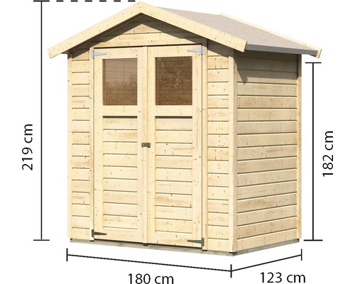 Abri de jardin en bois avec double porte et dimensions de 219 cm de hauteur, 180 cm de largeur et 123 cm de profondeur.