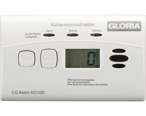 Détecteur de monoxyde de carbone Gloria KO10D avec écran hxlxp 70x118x40 mm blanc certification EN50291-1:2018
