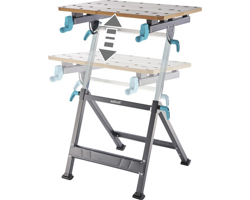 Établi réglable en hauteur avec plateau en bois et cadre en acier