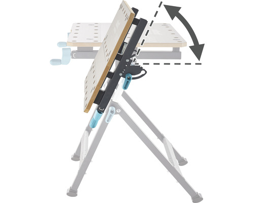 Établi réglable avec fonction de pliage et flèche indiquant l''inclinaison.