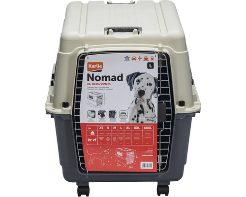 Hundetransportbox aus Kunststoff mit Metalltür und Rollen