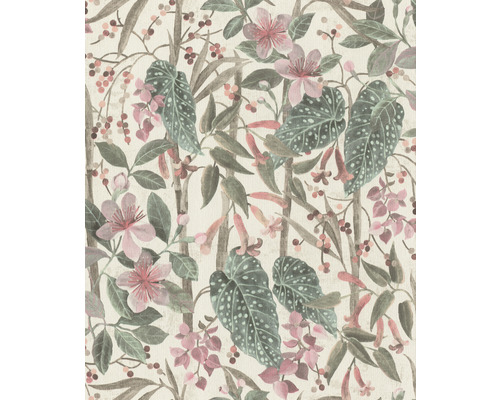 Papier peint intissé 538212 Curiosity naturel blanc Papier peint à motif floral avec bambous, feuilles et fleurs