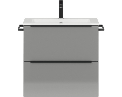 Badmöbel-Set NOBILIA Programm 1 6 BxHxT 61 x 59,1 x 48,7 cm Frontfarbe grau hochglanz mit Möbel-Waschtisch Griffleiste schwarz 003 Waschtischunterschrank mit Waschbecken und Armatur