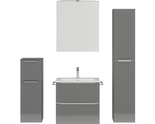 Set de meubles de salle de bains NOBILIA Programm 1 37 lxhxp 140 x 169,1 x 48,7 cm couleur de façade gris haute brillance avec meuble à vasque et armoire de toilette à 1 porte avec éclairage LED meuble bas armoire midi barre de prise chrome mat 037