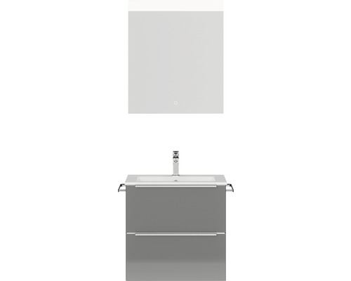 Set de meubles de salle de bains NOBILIA Programm 1 lxhxp 61 x 169,1 x 48,7 cm couleur de façade gris haute brillance avec vasque pour meuble blanc et miroir avec éclairage LED barre de prise chrome mat 013
