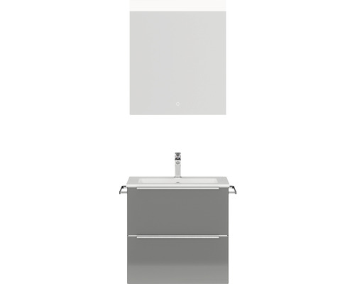 Badmöbel-Set NOBILIA Programm 1 BxHxT 61 x 169,1 x 48,7 cm Frontfarbe grau hochglanz mit Möbel-Waschtisch weiß und Spiegel mit LED-Beleuchtung Griffleiste chrom matt 013