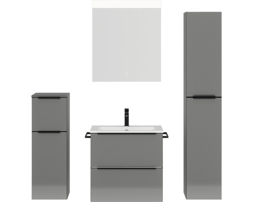 Set de meubles de salle de bains NOBILIA Programm 1 lxhxp 140 x 169,1 x 48,7 cm couleur de façade gris haut brillance avec vasque pour meuble blanc et miroir avec éclairage LED armoire midi meuble bas barre de prise noir 030