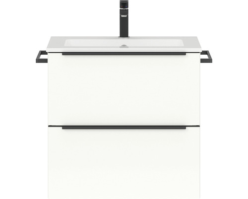 Badmöbel-Set NOBILIA Programm 1 4 BxHxT 61 x 59,1 x 48,7 cm Frontfarbe weiß hochglanz mit Möbel-Waschtisch Griffleiste schwarz 004 Waschtischunterschrank mit zwei Schubladen, Waschtisch und Armatur
