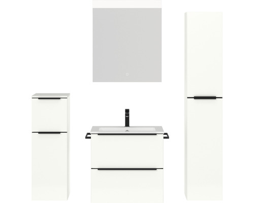 Set de meubles de salle de bains NOBILIA Programm 1 lxhxp 140 x 169,1 x 48,7 cm couleur de façade blanc haute brillance avec meuble à vasque blanc et miroir avec éclairage LED armoire midi meuble bas barre de prise noir 028