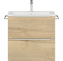 Meuble-lavabo avec aspect bois, lavabo et robinet