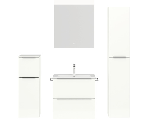Set de meubles de salle de bains NOBILIA Programm 1 lxhxp 140 x 169,1 x 48,7 cm couleur de façade blanc haute brillance avec meuble à vasque blanc et miroir avec éclairage LED armoire midi meuble bas barre de prise chrome mat 027