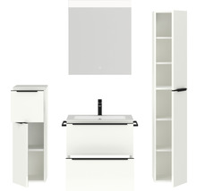 Badmöbel-Set NOBILIA Programm 1 BxHxT 140 x 169,1 x 48,7 cm Frontfarbe weiß hochglanz mit Möbel-Waschtisch weiß und Spiegel mit LED-Beleuchtung Midischrank Unterschrank Griffleiste schwarz 028