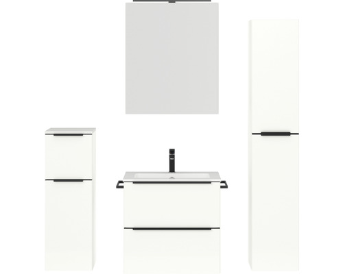 Set de meubles de salle de bains NOBILIA Programm 1 36 lxhxp 140 x 169,1 x 48,7 cm couleur de façade blanc haute brillance avec vasque pour meuble et armoire de toilette à 1 porte avec éclairage LED meuble bas armoire midi barre de prise noir 036