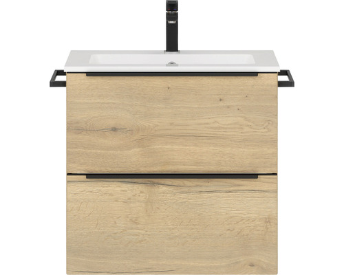 Badmöbel-Set NOBILIA Programm 1 BxHxT 61 x 59,1 x 48,7 cm Frontfarbe eiche natur mit Möbel-Waschtisch weiß Griffleiste schwarz 008 Waschtischunterschrank mit Waschbecken und Armatur für das Badezimmer