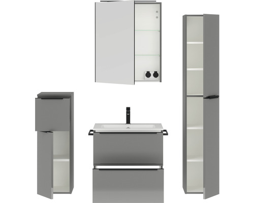Graues Badezimmer-Set mit Waschtischunterschrank, Spiegelschrank und Hochschrank