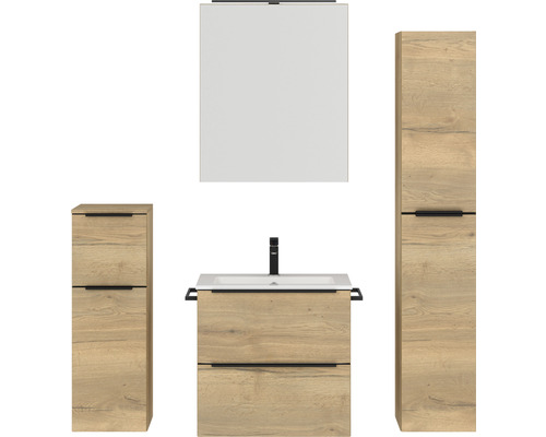 Set de meubles de salle de bains NOBILIA Programm 1 40 lxhxp 140 x 169,1 x 48,7 cm couleur de façade chêne naturel avec meuble à vasque et armoire de toilette à 1 porte avec éclairage LED meuble bas armoire midi barre de prise noir 040