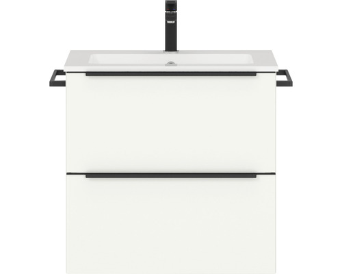Badmöbel-Set NOBILIA Programm 1 2 BxHxT 61 x 59,1 x 48,7 cm Frontfarbe weiß matt mit Möbel-Waschtisch Griffleiste schwarz 002 Waschtischunterschrank mit zwei Schubladen, Waschbecken und Armatur