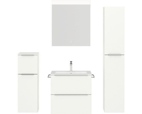 Set de meubles de salle de bains NOBILIA Programm 1 lxhxp 140 x 169,1 x 48,7 cm couleur de façade blanc mat avec meuble à vasque blanc et miroir avec éclairage LED armoire midi meuble bas barre de prise chrome mat 025