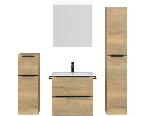 Set de meubles de salle de bains NOBILIA Programm 1 lxhxp 140 x 169,1 x 48,7 cm couleur de façade chêne naturel avec meuble à vasque blanc et miroir avec éclairage LED armoire midi meuble bas barre de prise noir 032