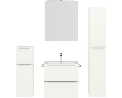 Set de meubles de salle de bains NOBILIA Programm 1 33 lxhxp 140 x 169,1 x 48,7 cm couleur de façade blanc mat avec vasque pour meuble et armoire de toilette à 1 porte avec éclairage LED meuble bas armoire midi barre de prise chrome mat 033