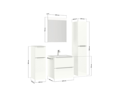 Badezimmermöbel-Set mit Waschtischunterschrank, Spiegelschrank und Hochschränken mit Maßangaben