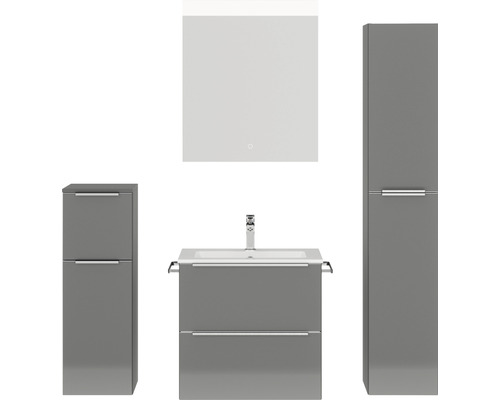 Set de meubles de salle de bains NOBILIA Programm 1 lxhxp 140 x 169,1 x 48,7 cm couleur de façade gris haute brillance avec meuble à vasque blanc et miroir avec éclairage LED armoire midi meuble bas barre de prise chrome mat 029