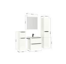 Abbildung eines Badezimmersets mit Waschtischunterschrank, Spiegelschrank und Hochschrank mit Maßangaben
